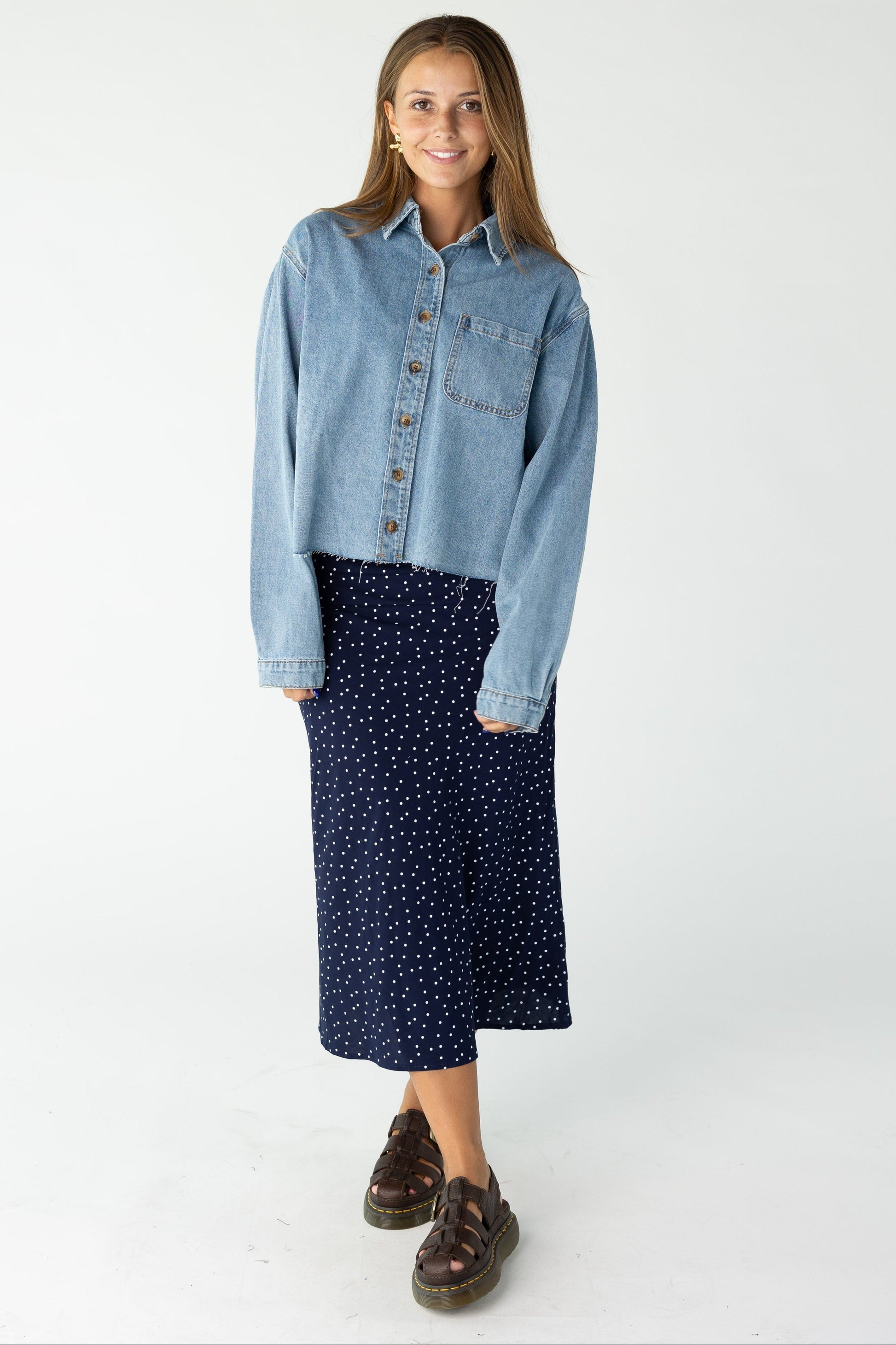 Modest woman and teens midi skirt in navy polka dot