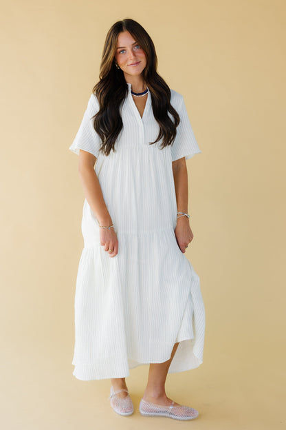 Brass & Roe Pondering Gauze Dress in white and light blue stripe for women and teenage girls.