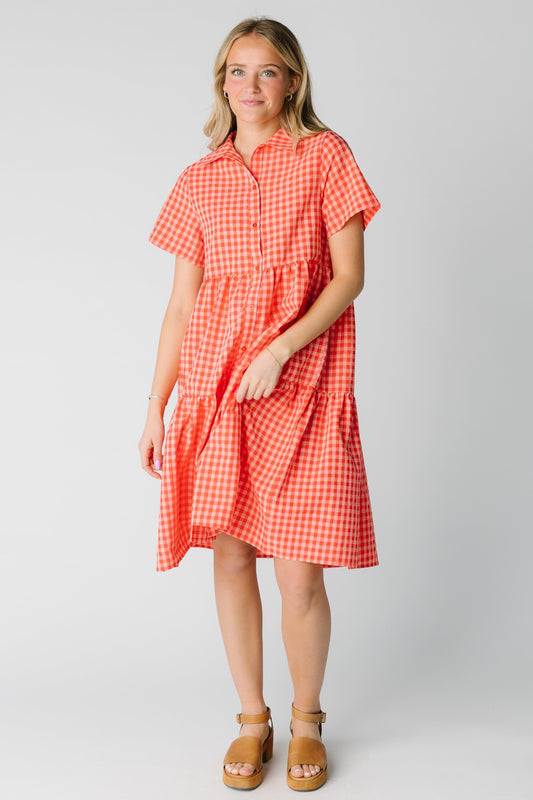 Brass & Roe Summer Gingham Dress in watermelon gingham