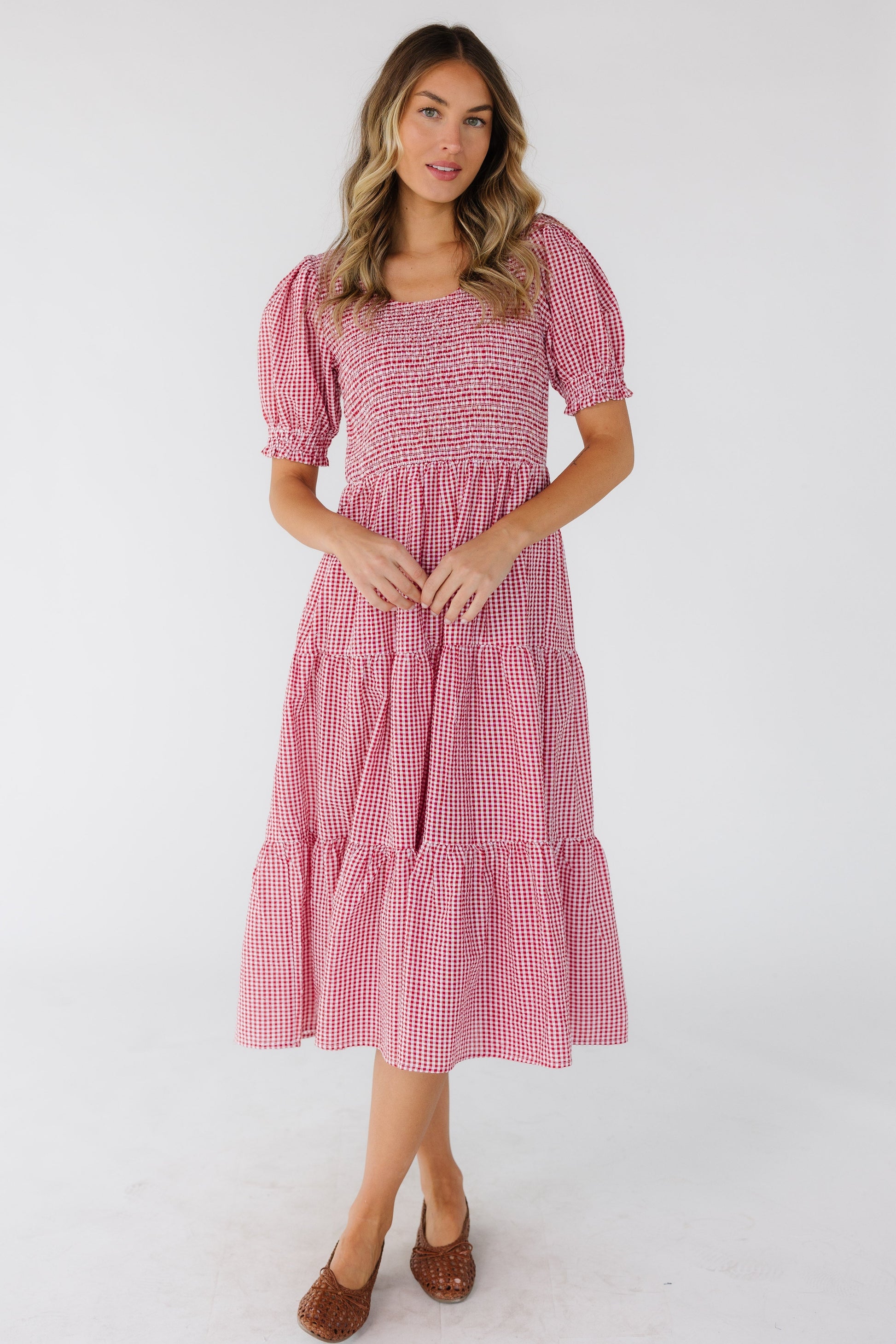 Brass & Roe Alison Midi Dress in red &P white gingham for women and teenage girls.