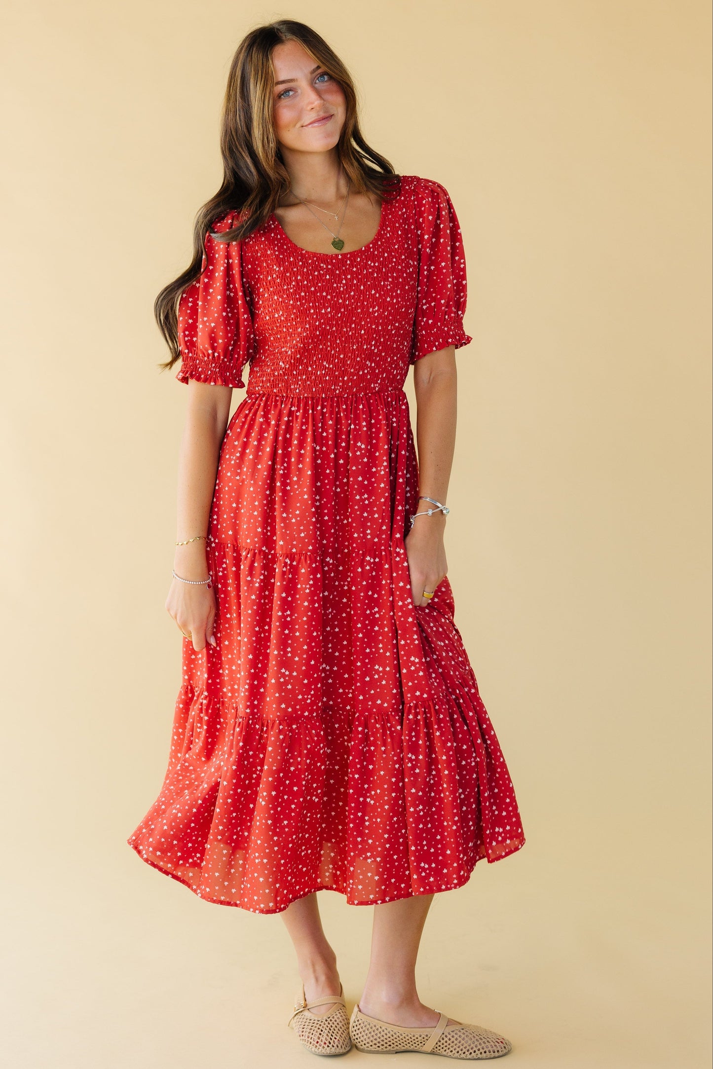 Brass & Roe Alison Smocked Dress WOMEN'S DRESS brass & roe Red Print XS 