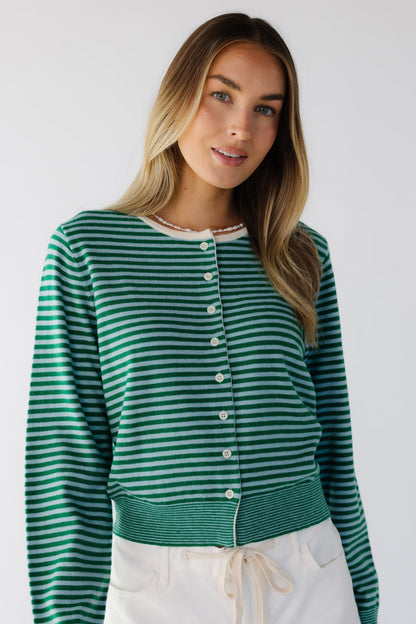 The Andy Sweater i green & light blue stripe for women and teenage girls.