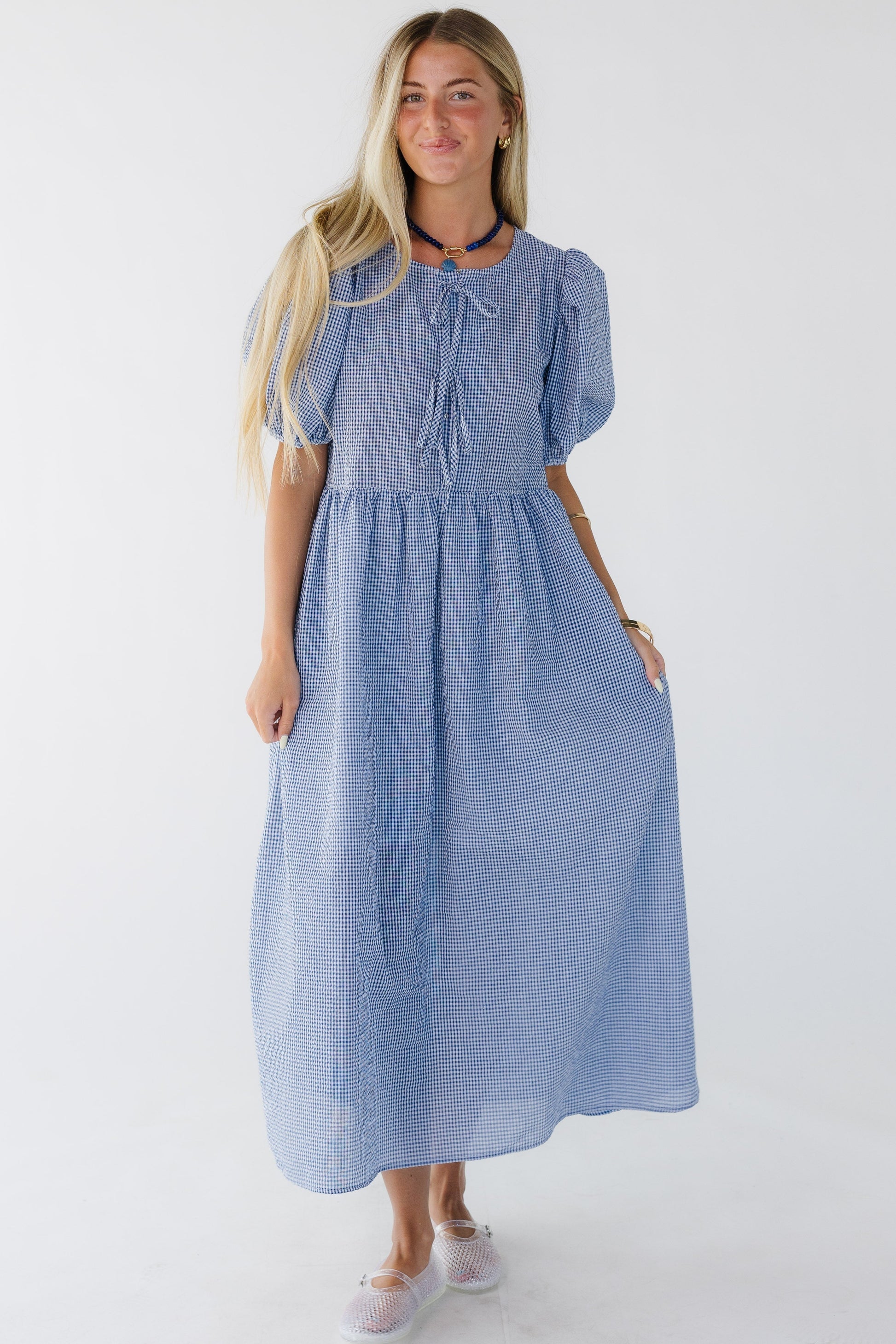 Brass & Roe Modest Boston Gingham Midi Dress Blue Gingham / XXXL