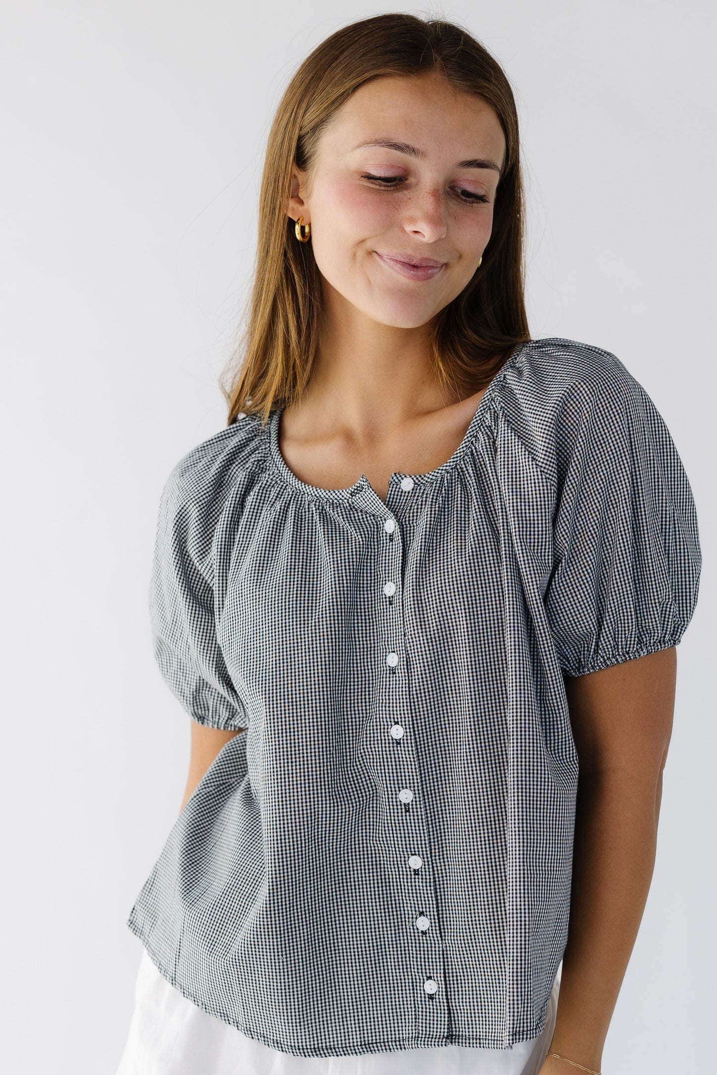 Brass & Roe Bree Textured Top in black & white gingham for women and teen girls.