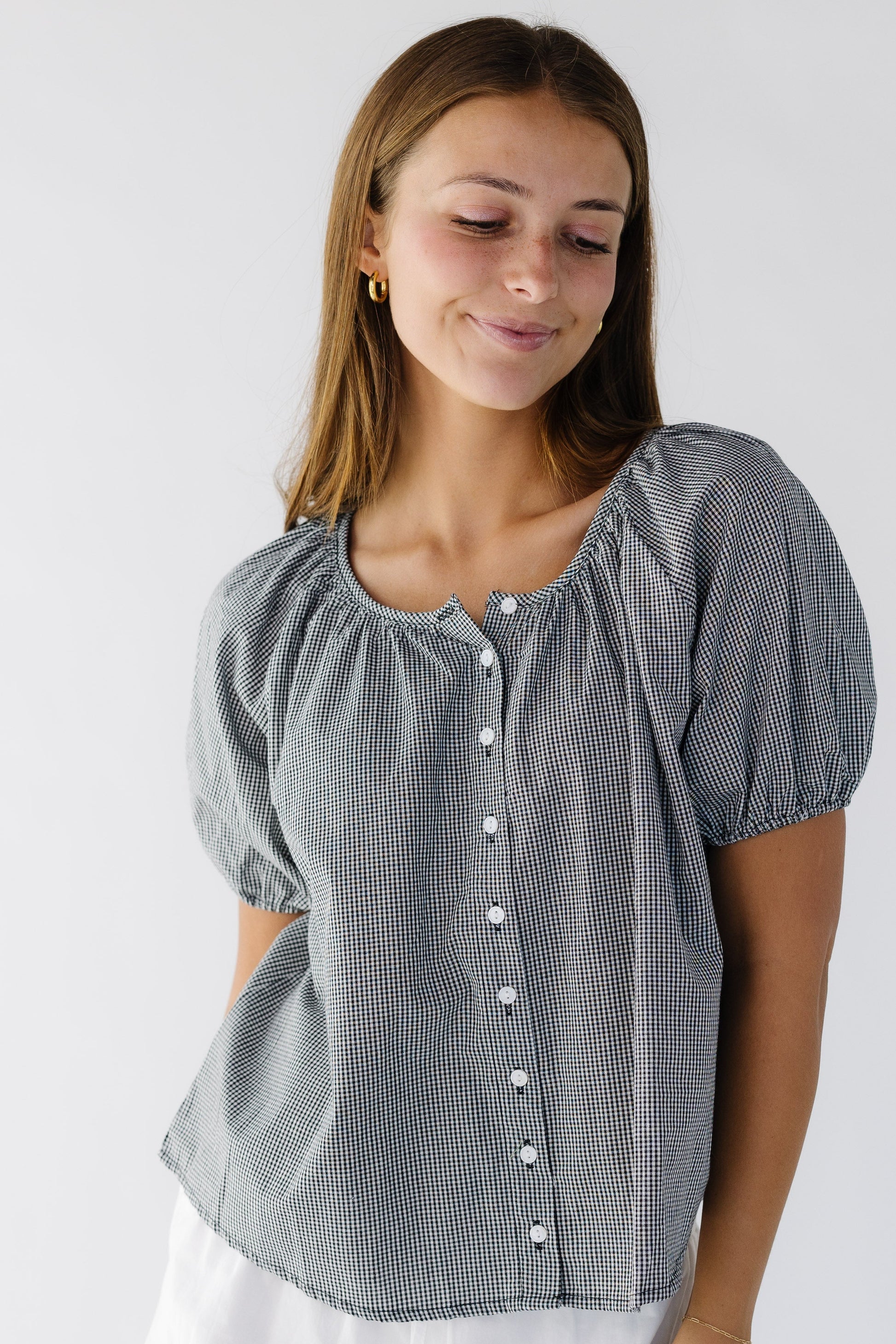 Brass & Roe Bree Textured Top in black & white gingham for women and teen girls.