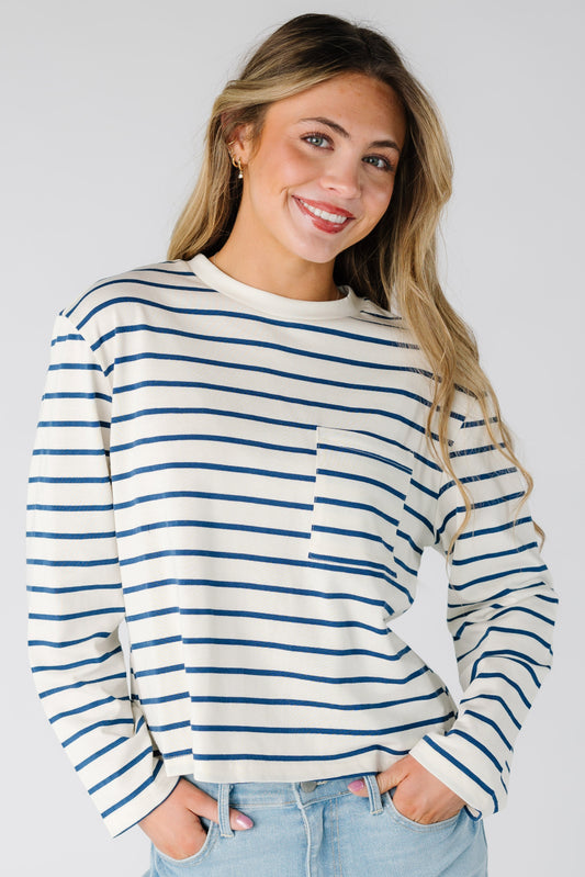 Brass & Roe Brit Stripe Tee  in white with a blue stripes for women and teens.