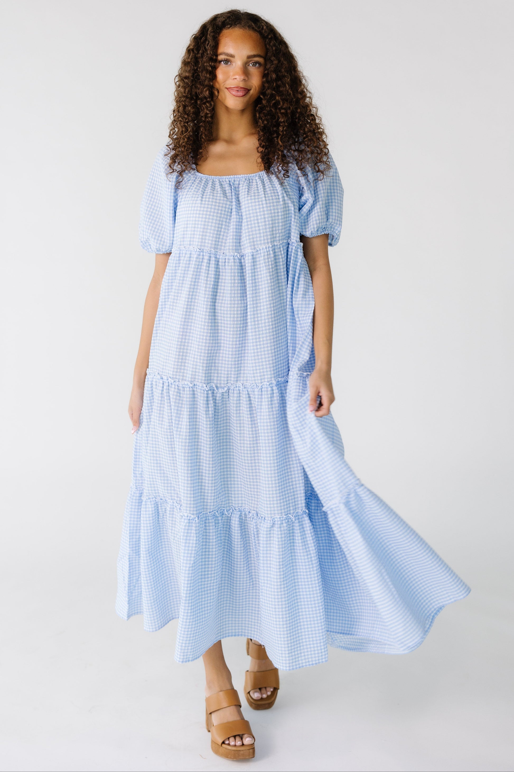 Brass & Roe Charity Spring Gingham Dress in blight blue gingham row women and teens.