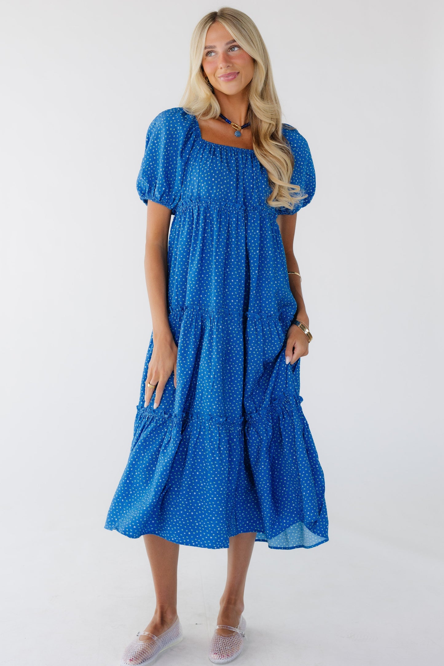 Brass & Roe Charity Tiered Dress in blue floral print for women and teen girls.