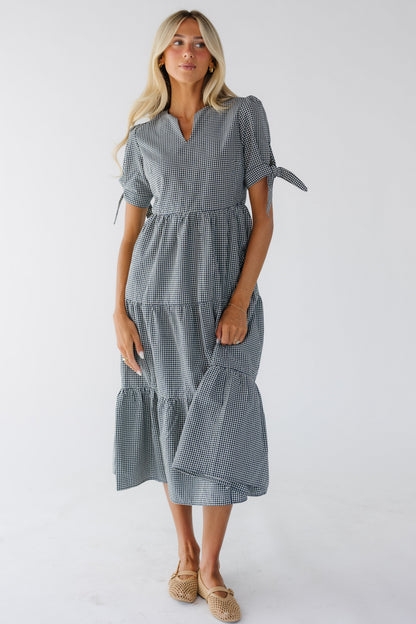 Brass & Roe Claire Tie-Sleeve Dress in navy & white gingham for women and teenage girls.