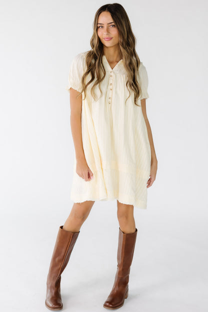 Brass & Roe Collared Knee Dress in ivory textured stripe for women and teens.