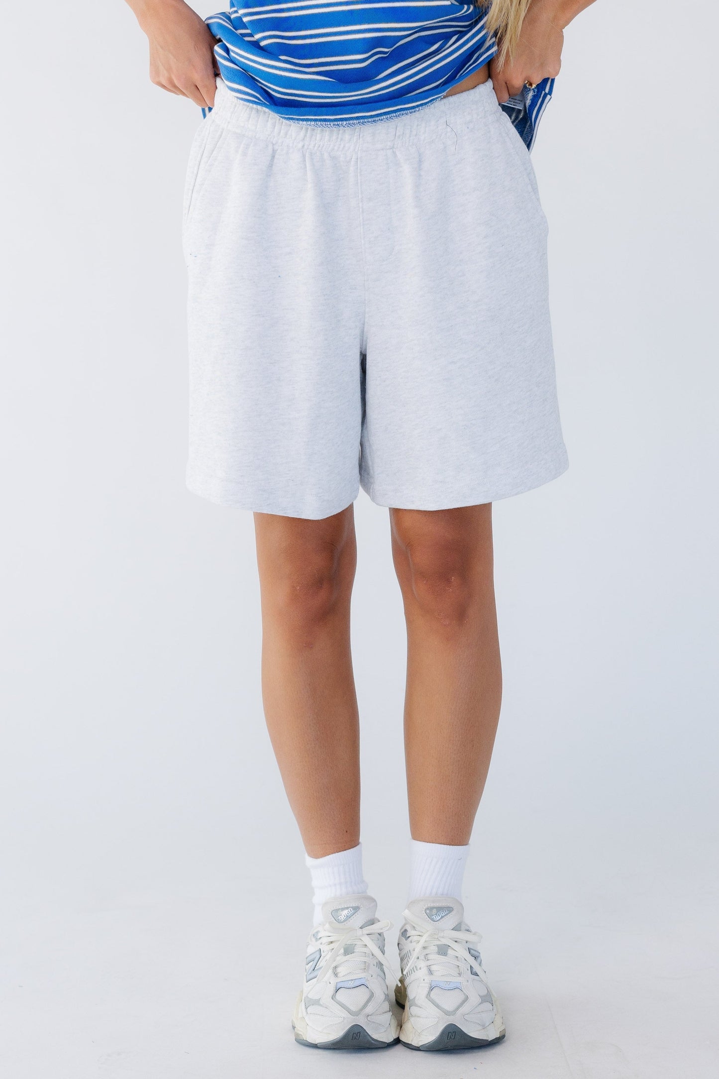 Brass & Roe Cozy Sweat Shorts in light heather grey for women and teen girls.