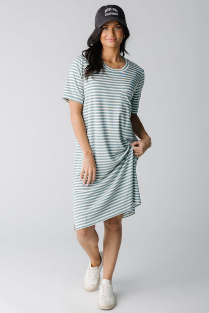 Brass & Roe Cozy T-Shirt Dress in blue/green and white stripe