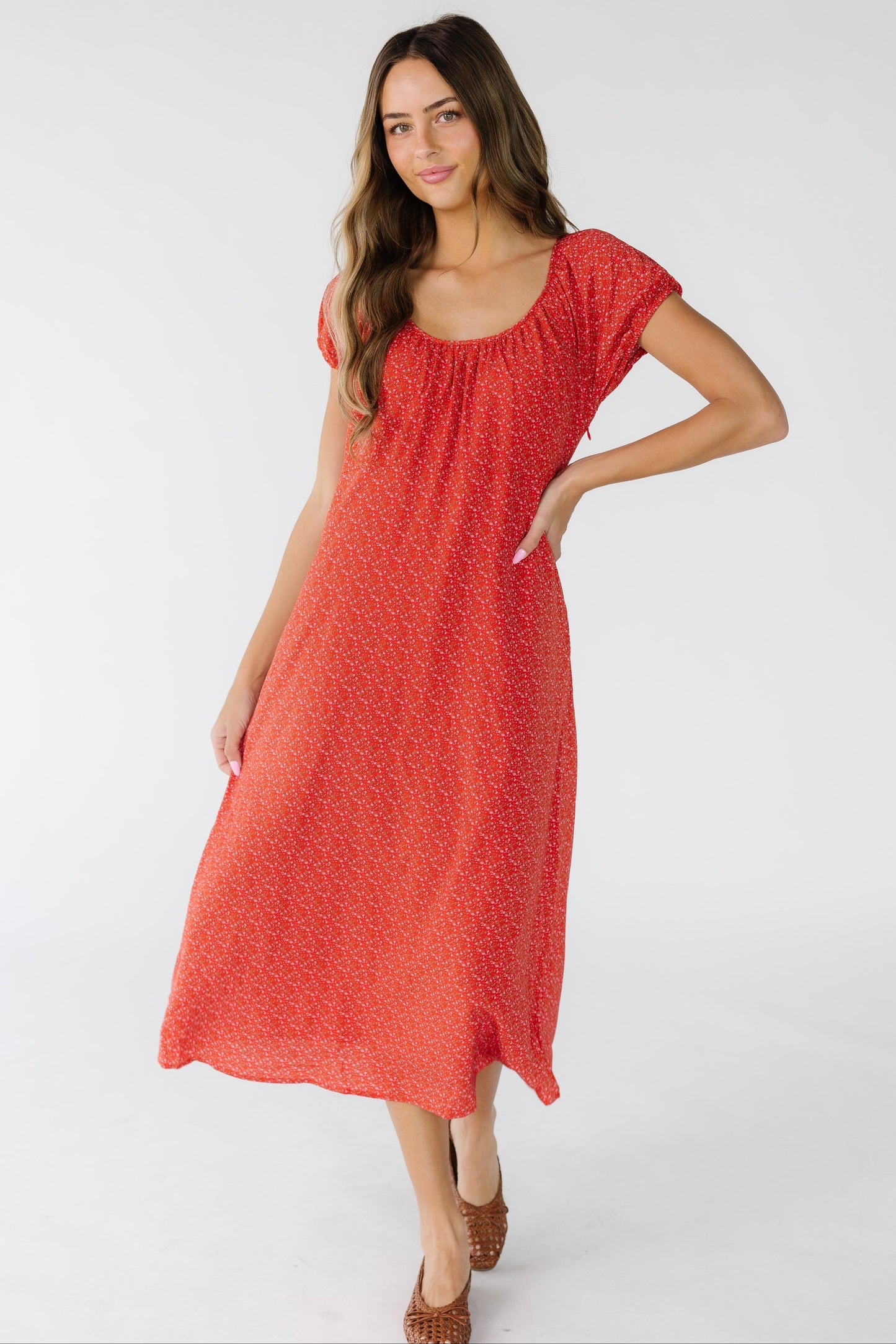 Brass & Roe Darling Back-Tie Dress in red floral print for women and teens.
