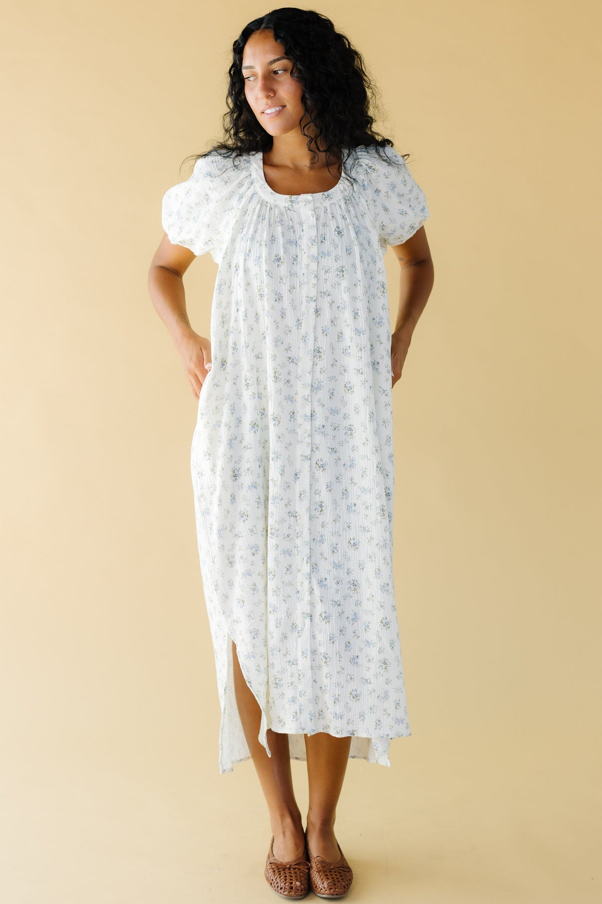 Brass & Roe Daybreak Button Down Dress in white with blue floral print for women and teen girls.