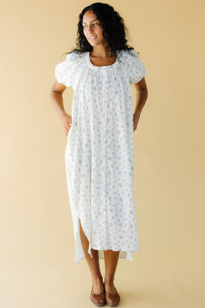Brass & Roe Daybreak Button Down Dress in white with blue floral print for women and teen girls.