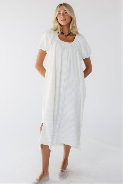 Brass & Roe Daybreak Button Down Dress in white with blue stripe for women and teen girls.