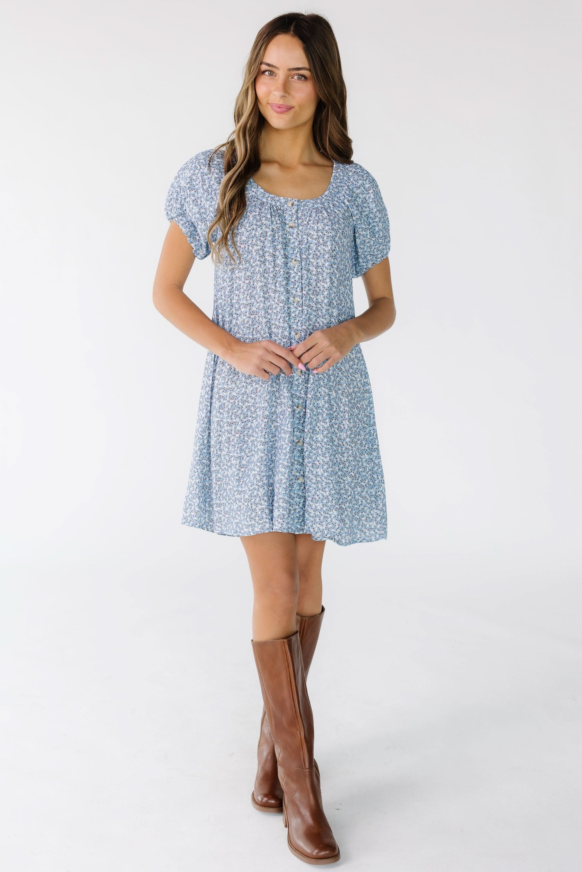 Brass & Roe Ellie Print Knee Dress in blue floral print for women and teen.