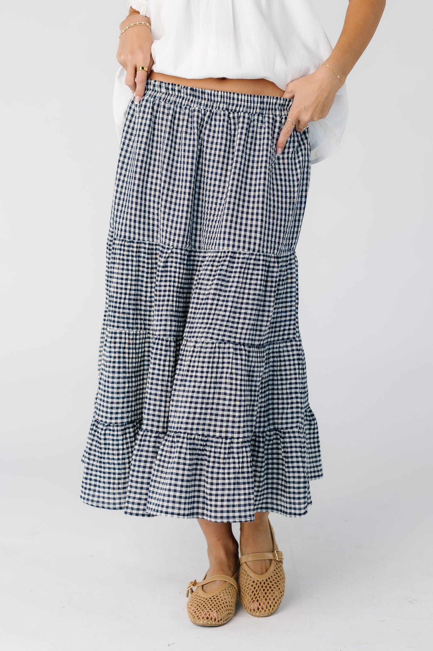 Brass & Roe Gingham Tiered Skirt in a navy and white for women and teens