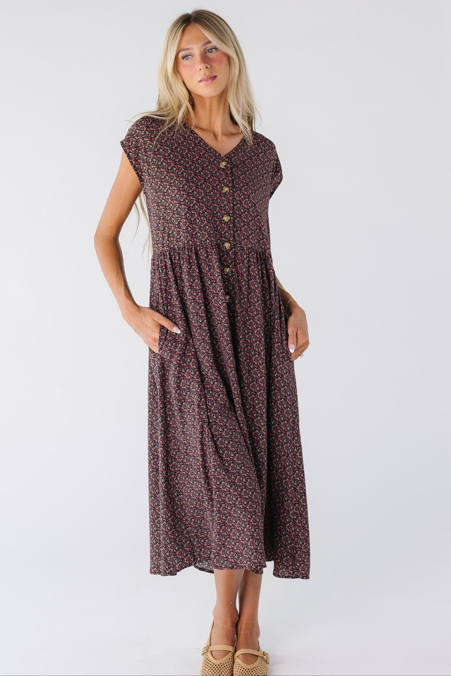 Brass & Roe Melli Button Down Midi Dress for women in black floral print