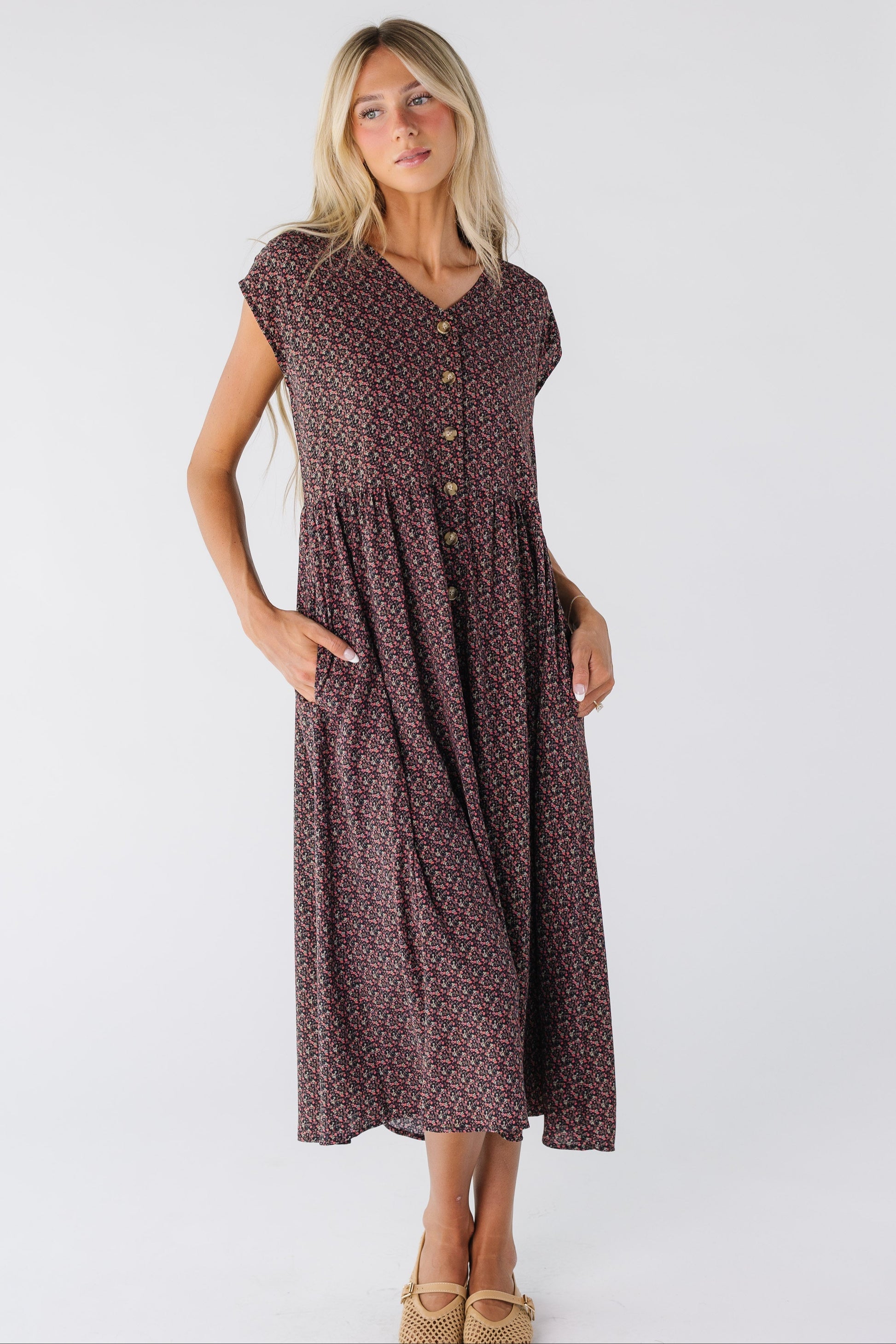 Brass & Roe Melli Button Down Midi Dress for women in black floral print