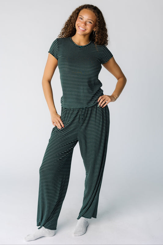 Brass & Roe Merry & Bright Pajama Set in green stripe for women and teens