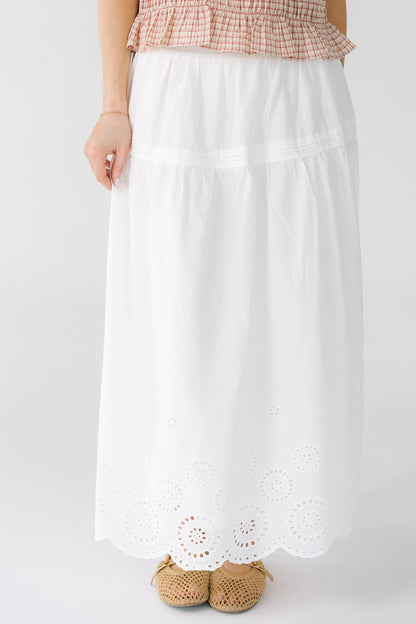 Brass & Roe Melanie Eyelet Midi Skirt in white for women and teens.