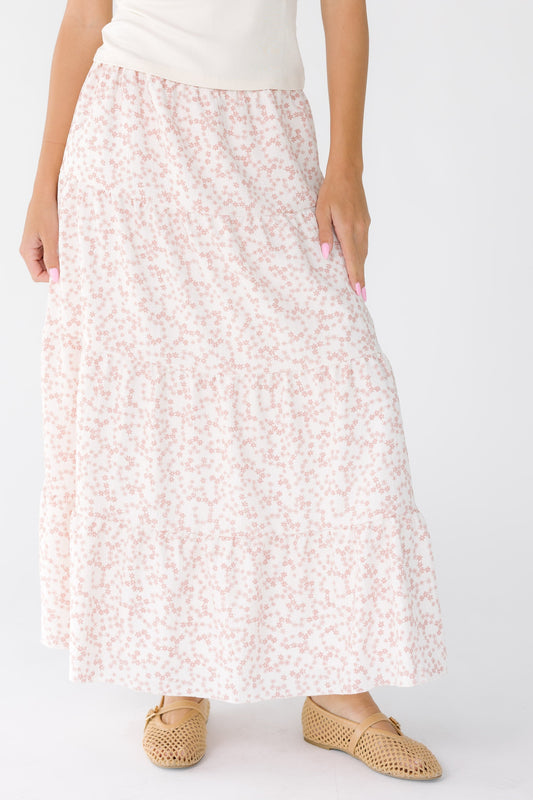 Brass & Roe Nelly Tiered Skirt in pink and white floral print for women and teens.