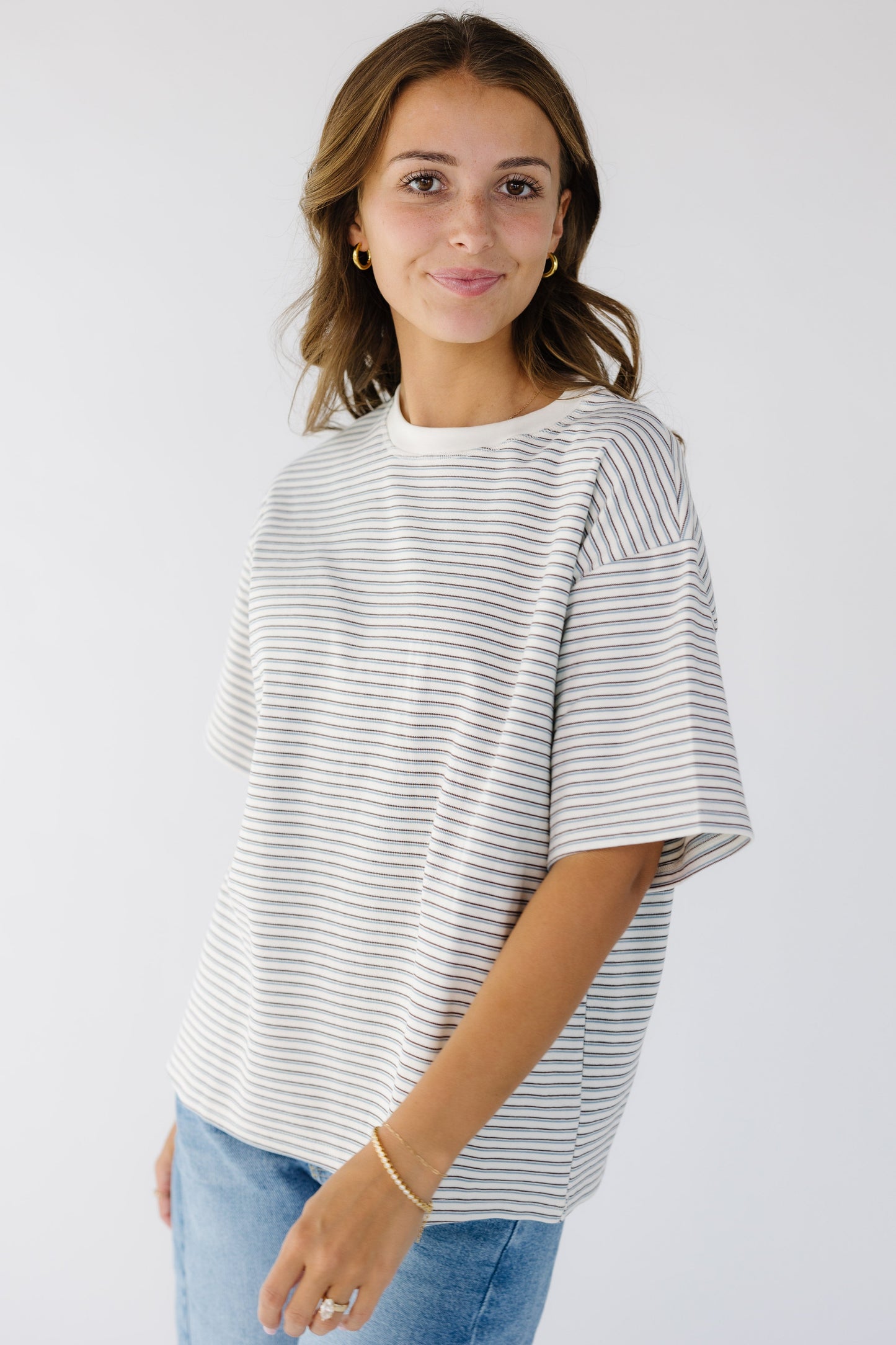 Brass & Roe New Things Tee in white with blue and brown stripe for women and teen girls.