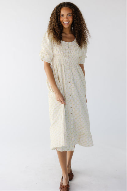 Brass & Roe Nora Button Down Dress in cream floral for women and teens.