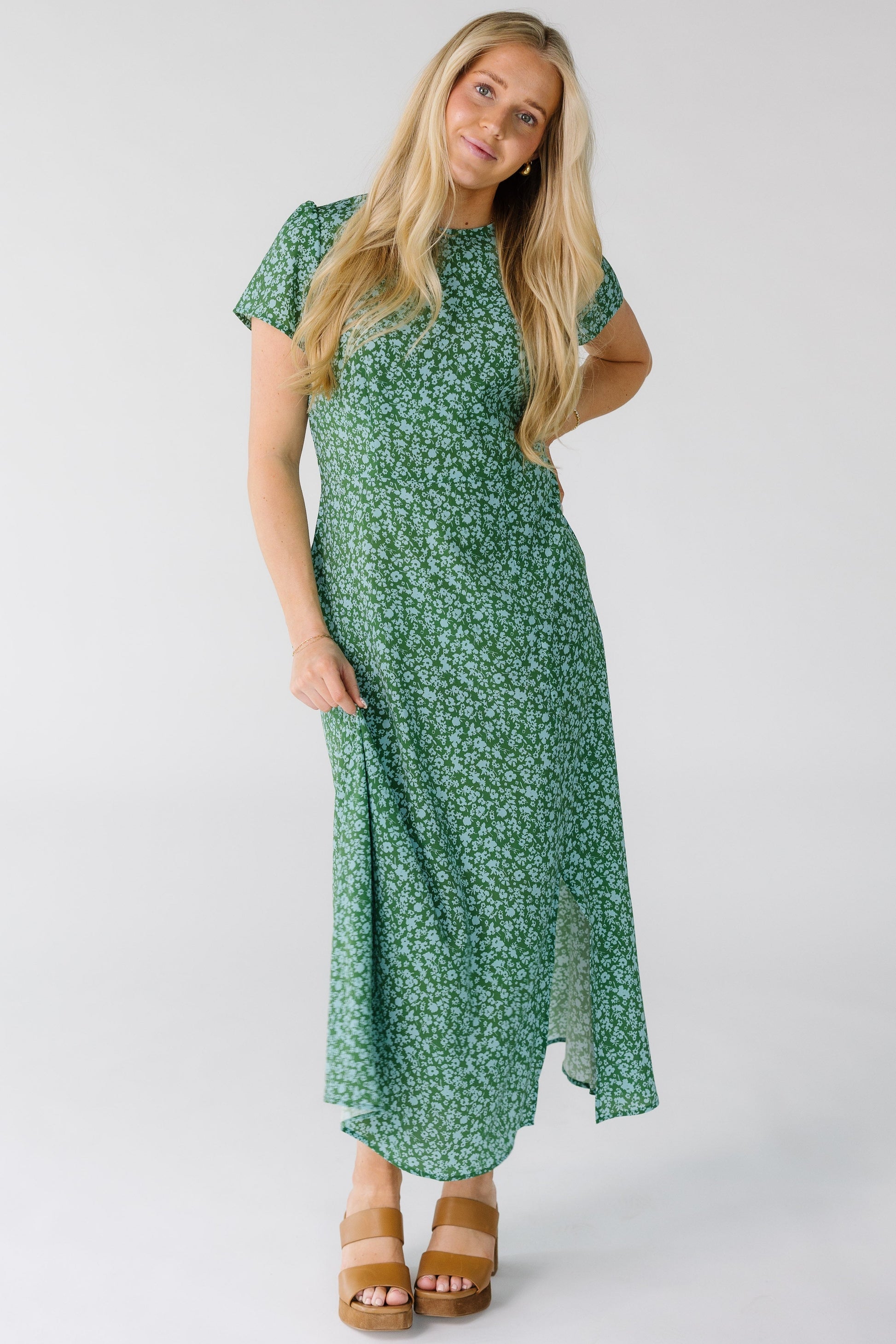 Brass & Roe Nora Midi Dress  in green floral print for women and teens.