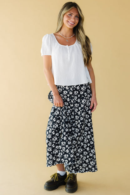 Brass & Roe Button Midi Skirt in black and white floral print for women and teenage girls.