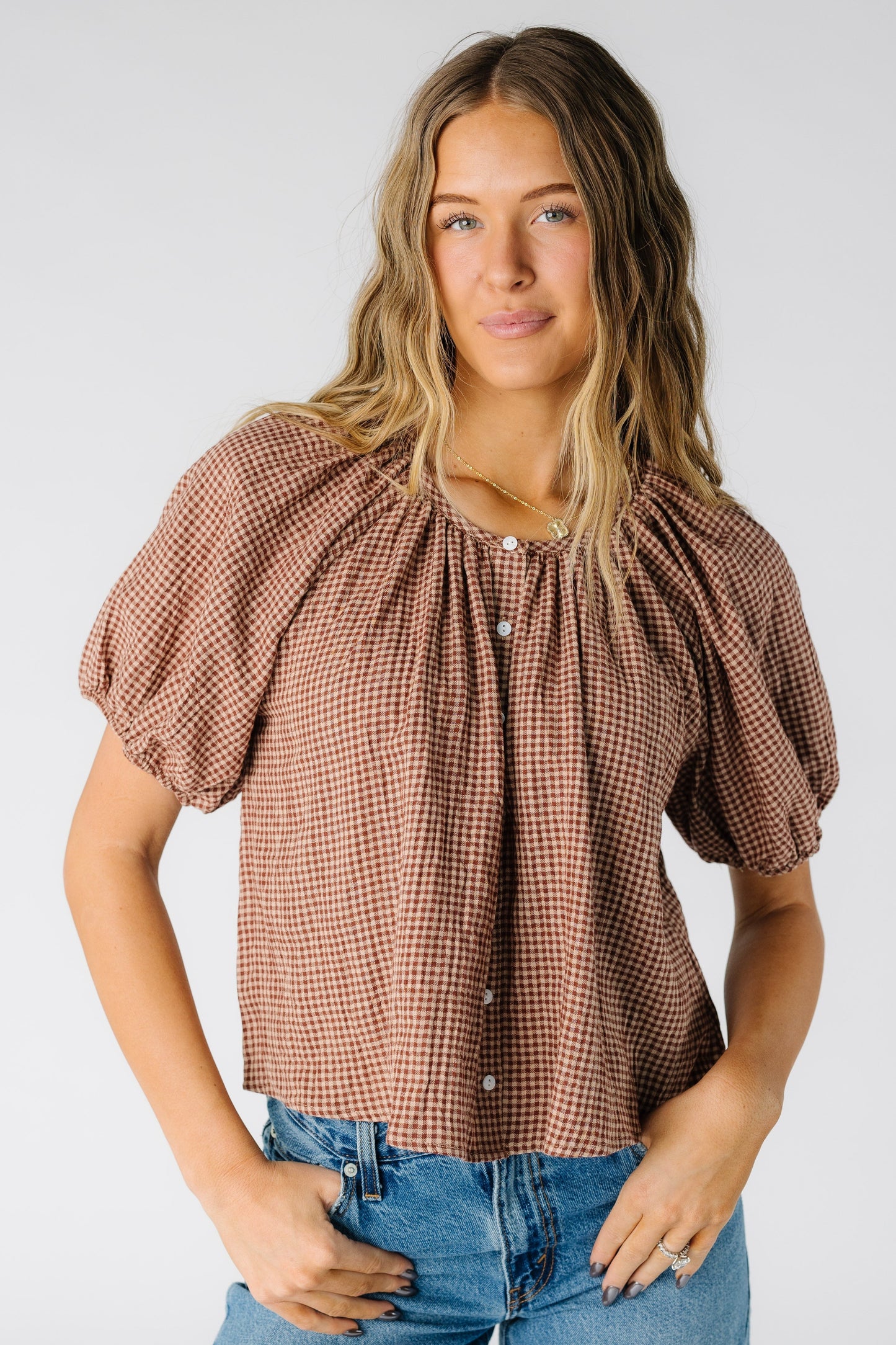 Brass & Roe Sahara Top in a taupe gingham for women and teens