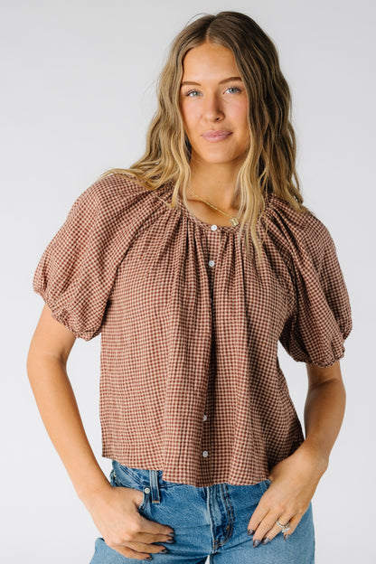 Brass & Roe Sahara Top in a taupe gingham for women and teens