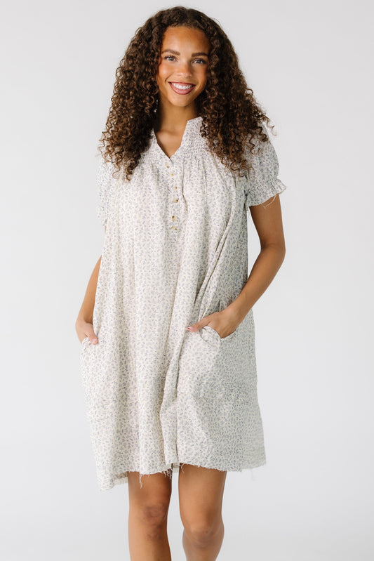 Brass & Roe Spring Collared Knee Dress in white with grey floral print for women and teens.