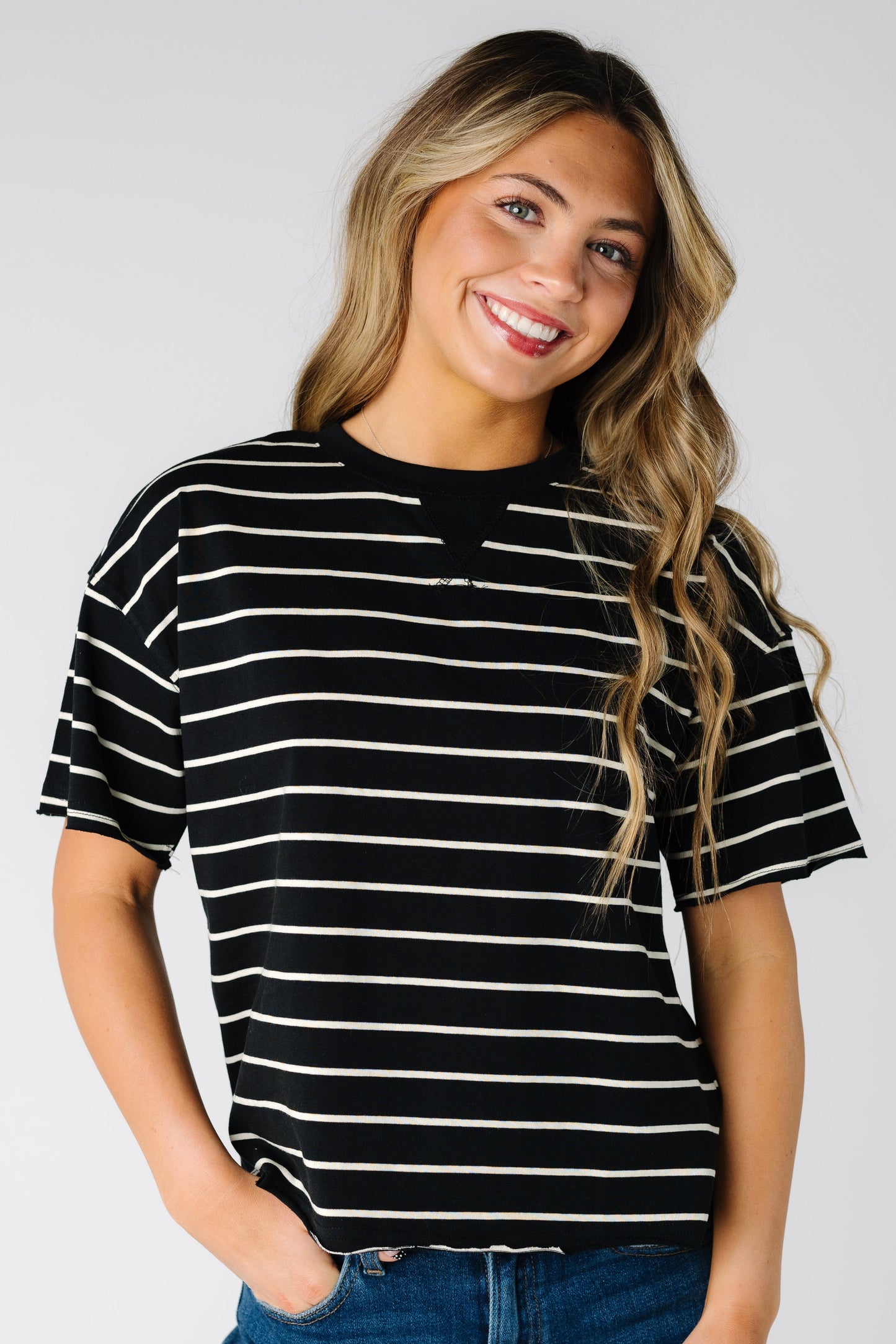 Brass & Roe Steph Stripe Tee in black with white stripe for women and teens.