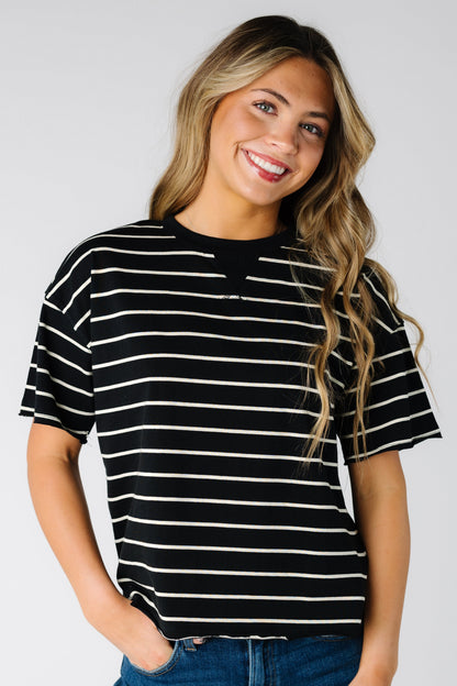 Brass & Roe Steph Stripe Tee in black with white stripe for women and teens.