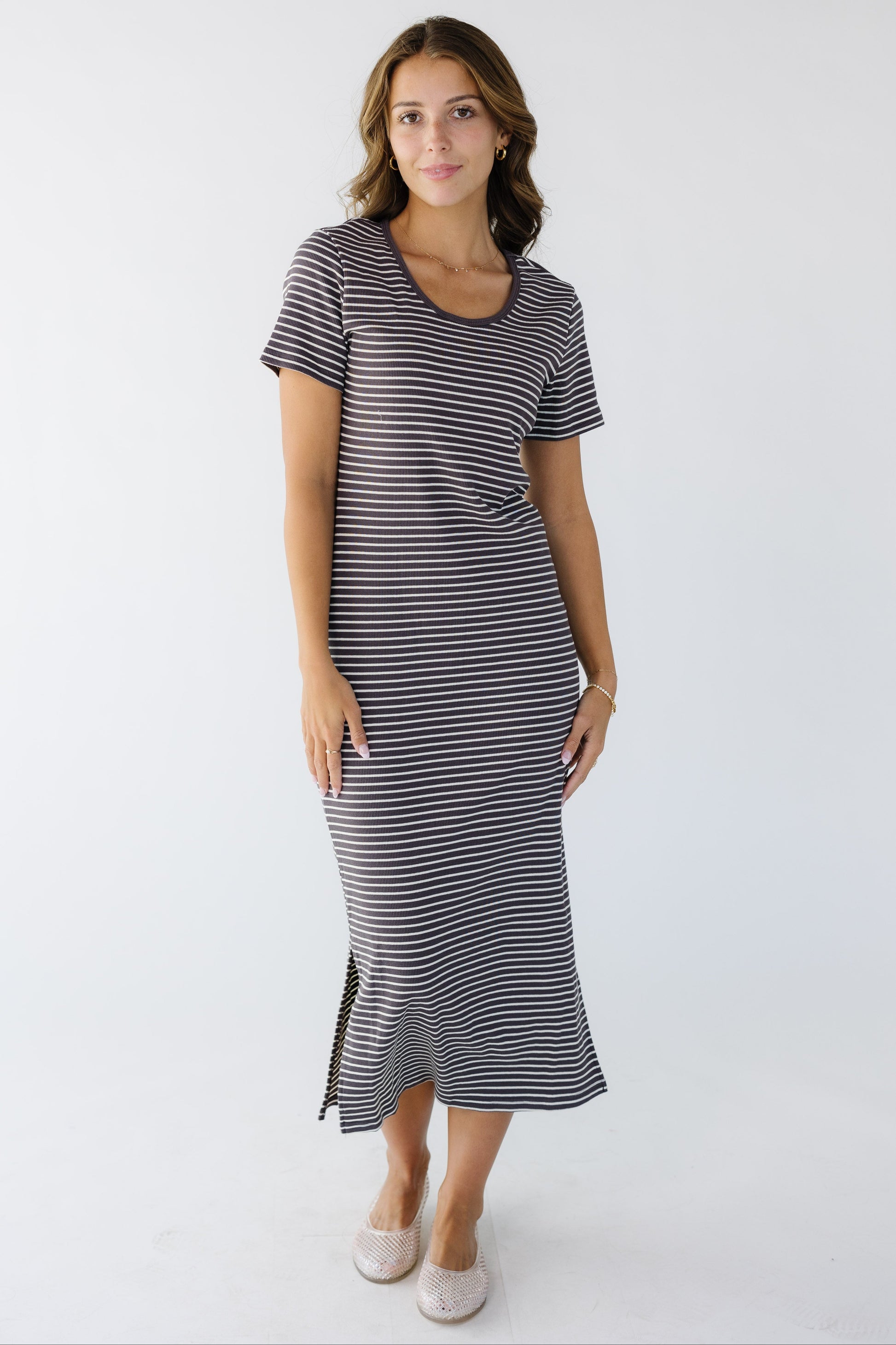 Brass & Roe Modest Striped Midi Dress Brown / M