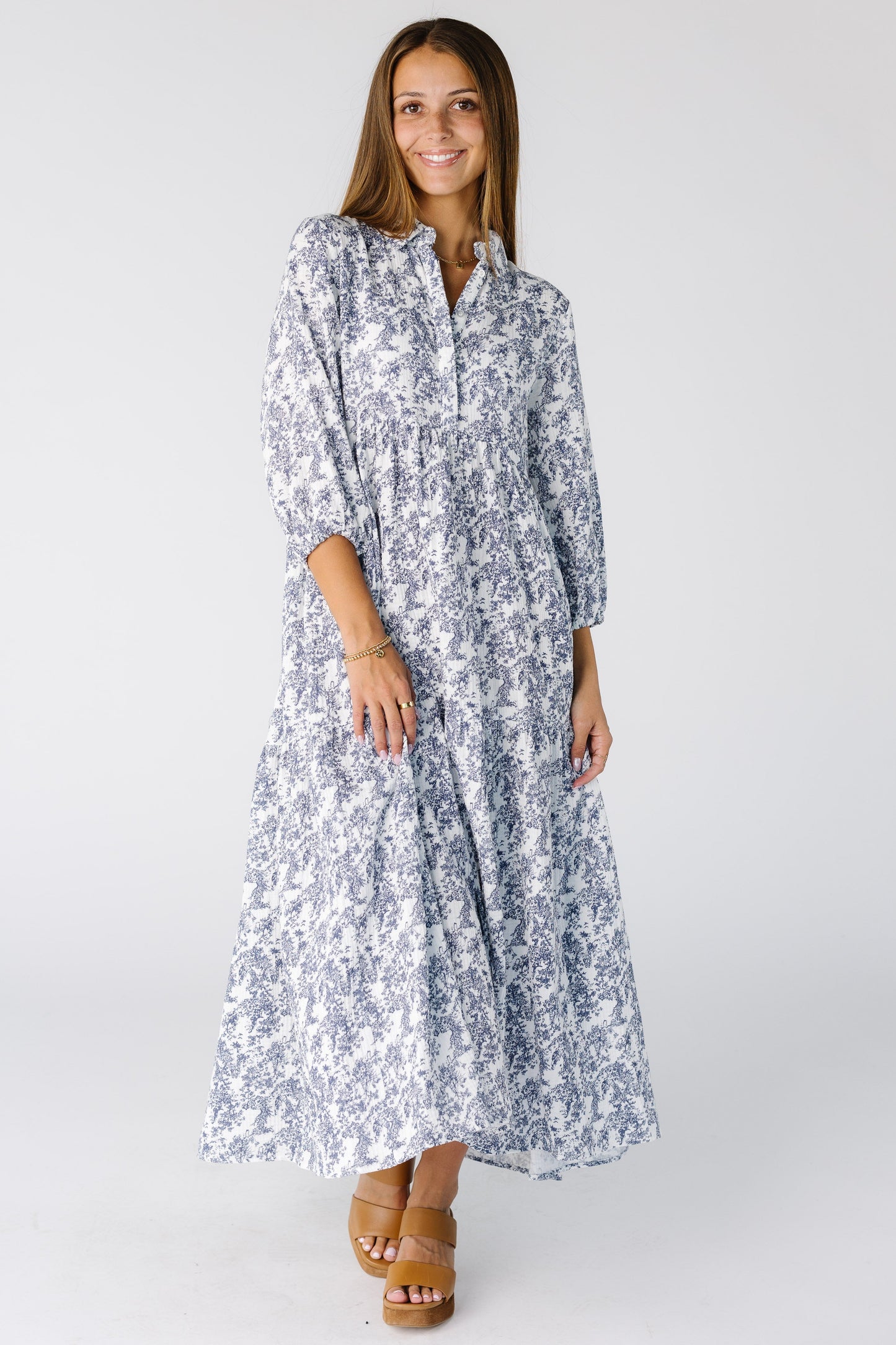Brass & Roe The Sudi Gauze Dress  in white with blue floral print