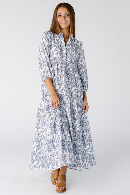 Brass & Roe The Sudi Gauze Dress  in white with blue floral print