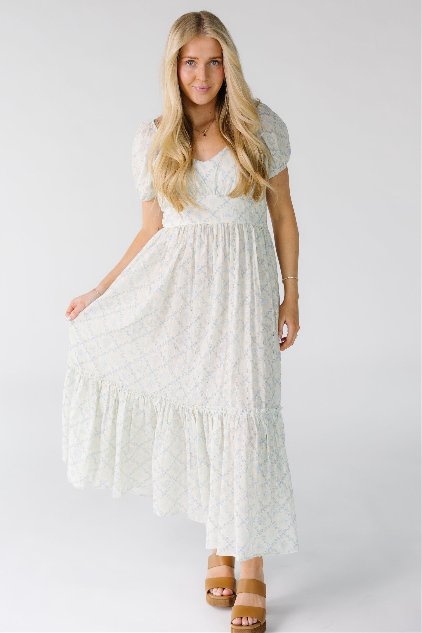 Brass & Roe Swiss Midi Dress in a white and blue floral midi dress for women and teens.