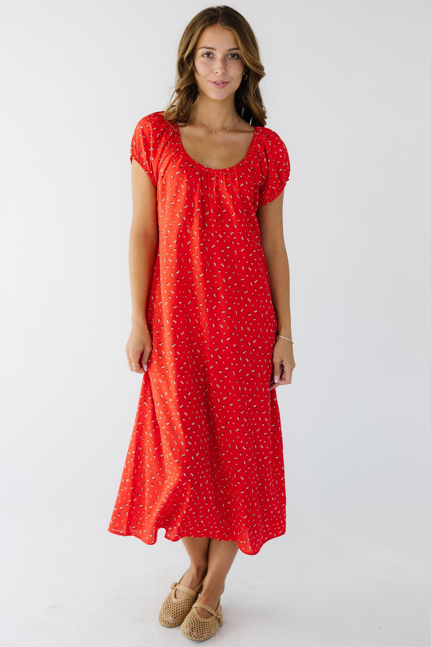 Brass & Roe The Bell Midi Dress in red floral print for women and teens.