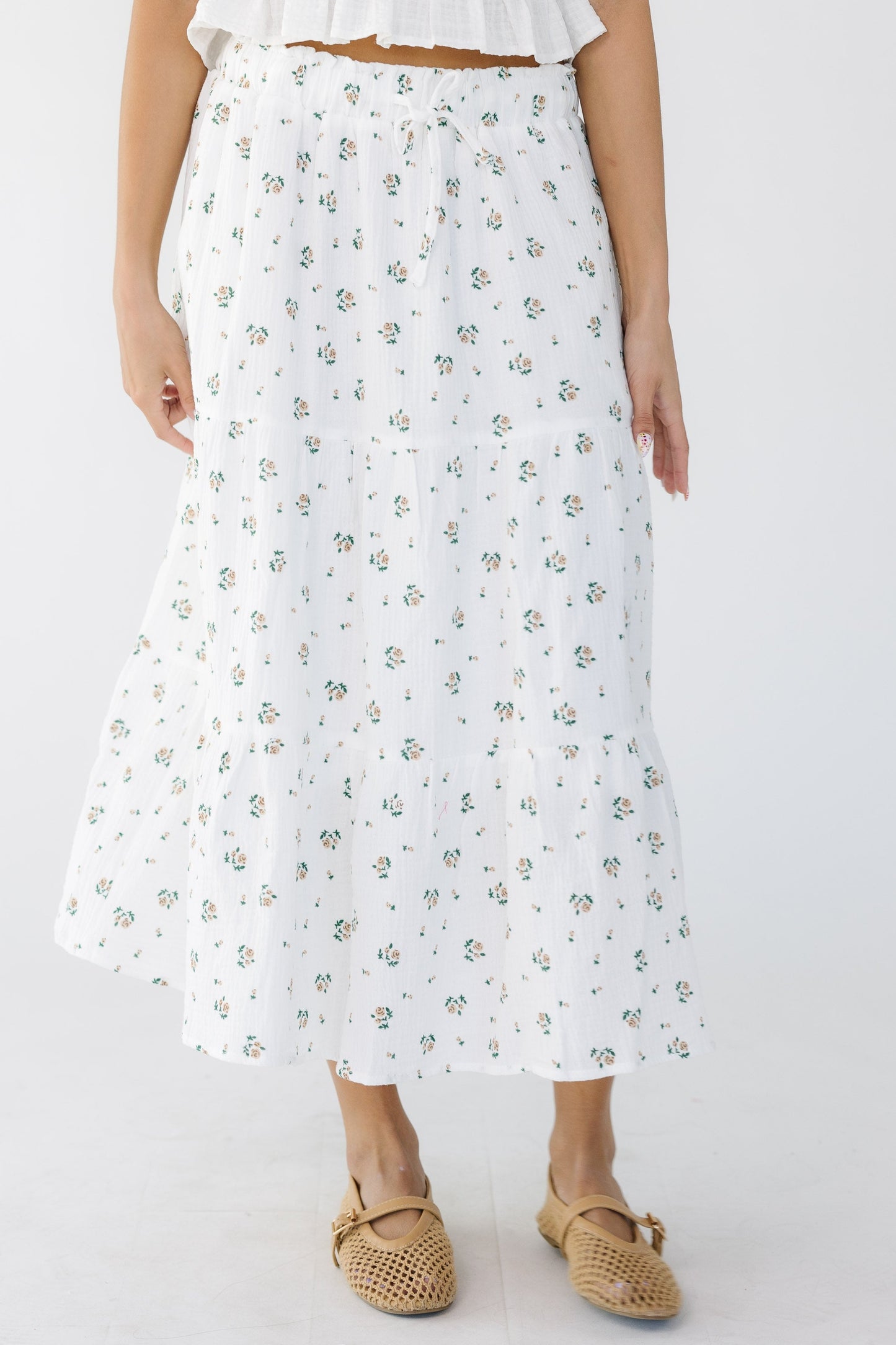 Brass & Roe Tess Gauze Skirt in white and floral print for women and teen girls.