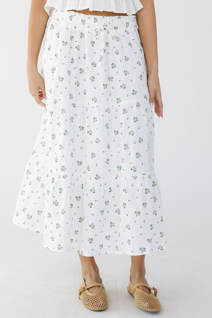 Brass & Roe Tess Gauze Skirt in white and floral print for women and teen girls.