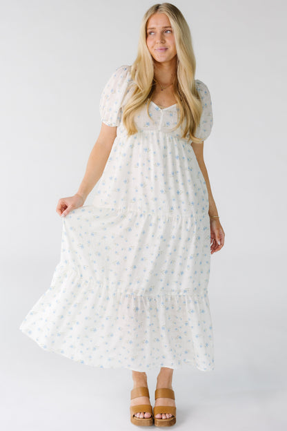 Brass & Roe The Emmaline Dress in white with blue floral print for women and teens.