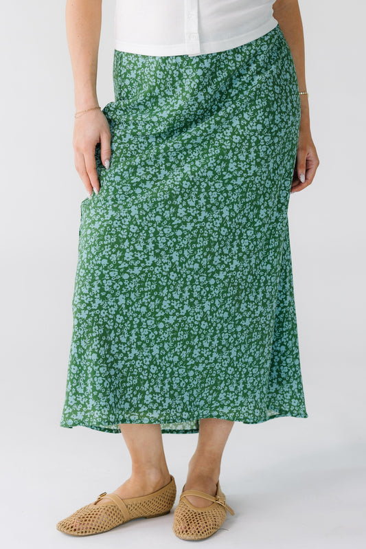 Brass & Roe The Grace Skirt  in green and light blue floral print for women and teens.