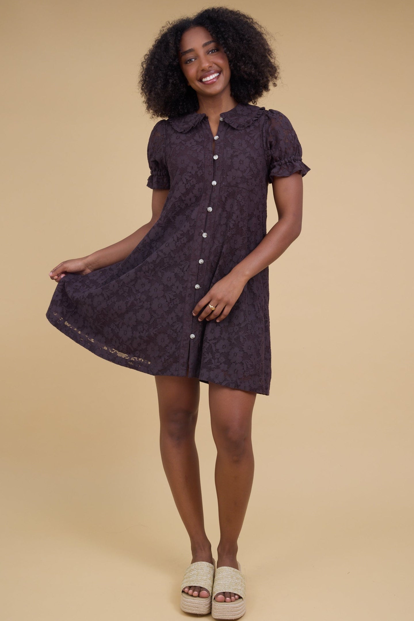 Brass & Roe Verona Collar Lace Dress in brown lace for women and teenage girls.
