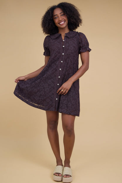 Brass & Roe Verona Collar Lace Dress in brown lace for women and teenage girls.