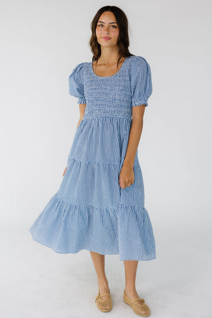 Brass & Roe Alison Midi Dress in blue & white gingham for women and teenage girls.