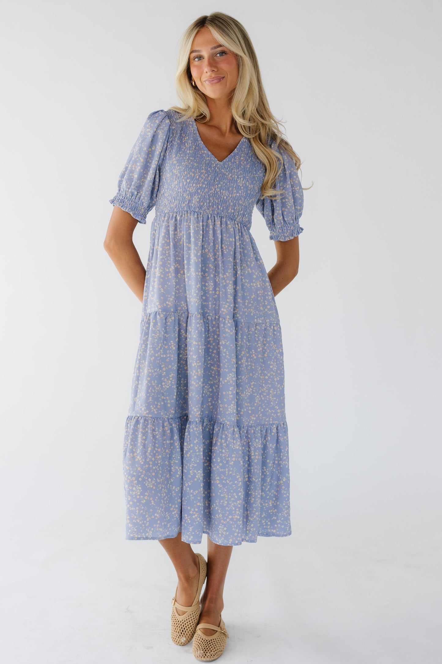 Brass & Roe Alison Smocked Dress in light purple for women and teenage girls.