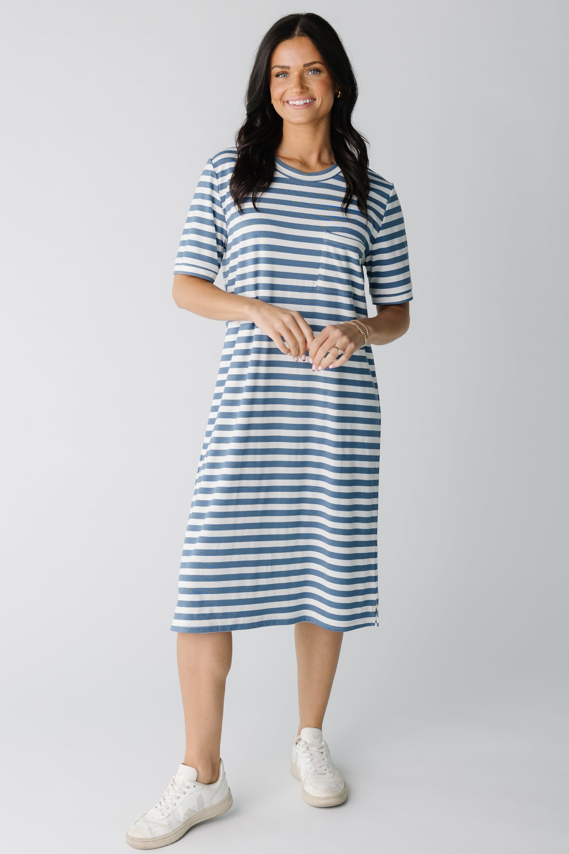 Brass & Roe All Day T-Shirt Dress in blue and white